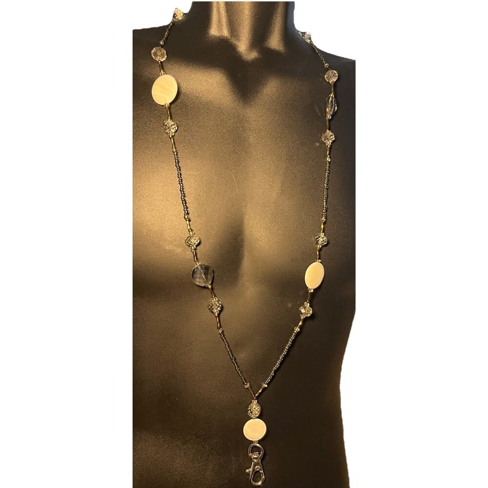 Beaded Lanyard ID Badge Holder Necklace Copper, Clear, Cream Beads Approx 32"